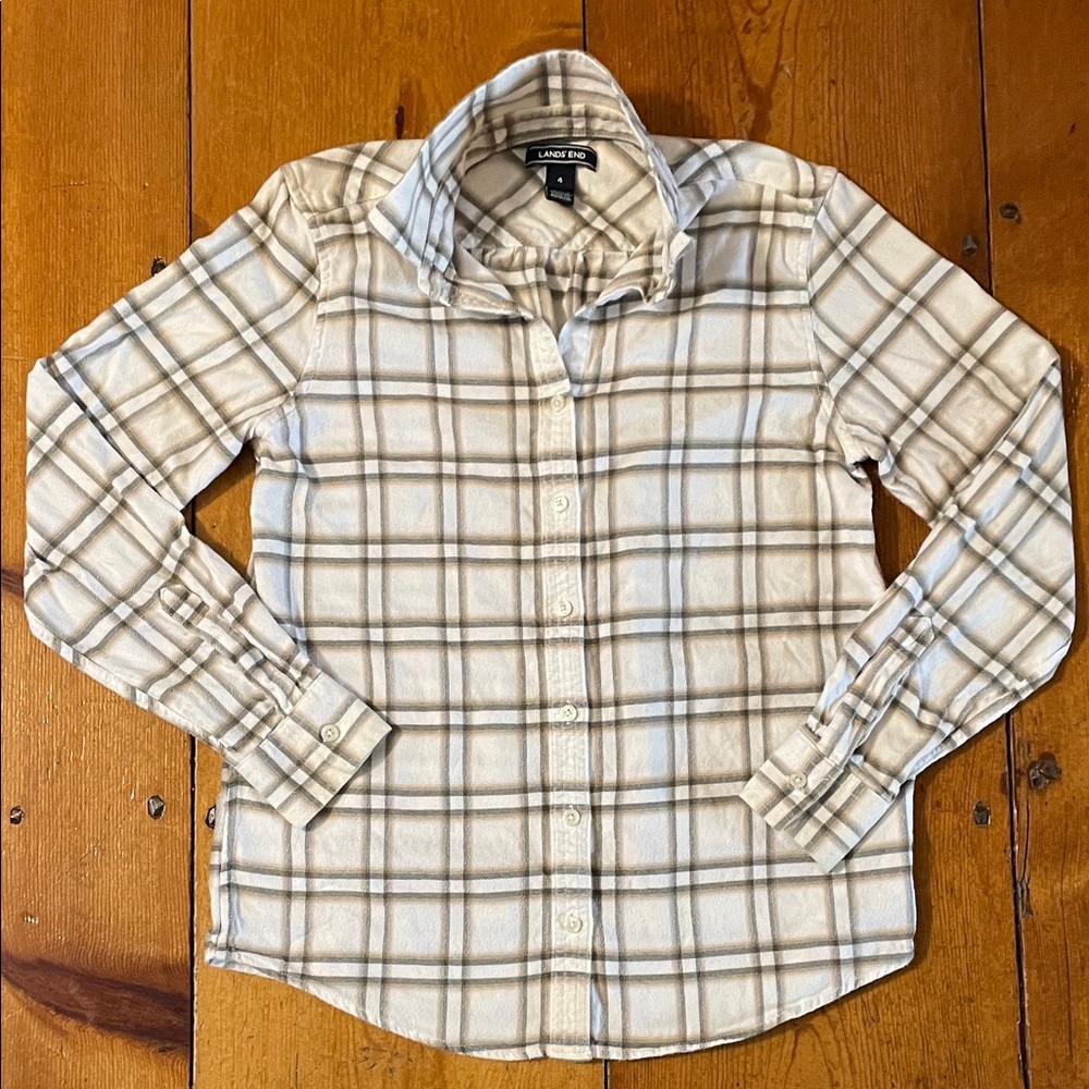 Lands' End Women’s Flannel Shirt - Cream and Brown